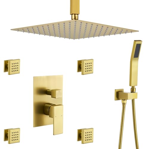 Rain Shower System With Complete 4 Pcs Body Sprays Jets And Pressured Balance Rough-in Valve,12Inch Rainfall Shower Head And Handheld, Modern Brushed Gold Ceiling Mount Shower Faucet Sets - color: Brushed Gold, style: Ceiling-Mount 4 Jets