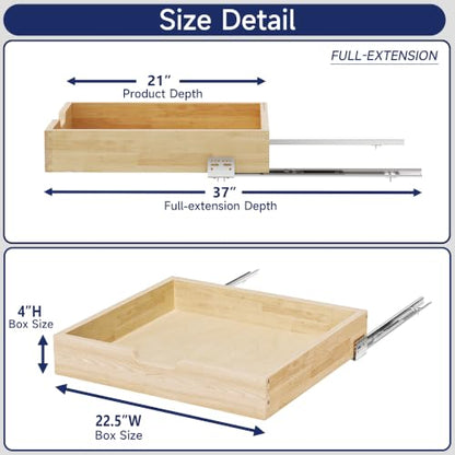 Pull Out Cabinet Organizer, 22.5 in W x 21 in D Solid Wood Slide Out Drawer, Soft Close Sliding Shelf, Bottom or Side Mount for Kitchen Pantry Bathroom, Fits 23.5 in Cabinet Opening - size: 22½” W × 4"H x 21” D