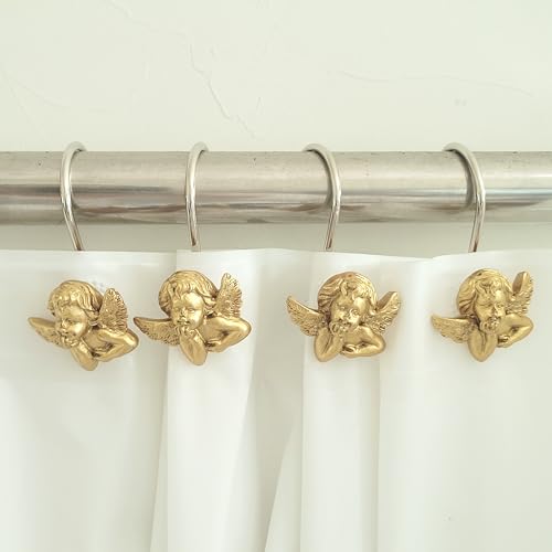 Twofish Home Golden Angel Shower Curtain Hooks Anti Rust Shower Curtain Hooks Decorative Resin Golden Angel Shower Curtain Rings Set of 12 - color: Golden Angel