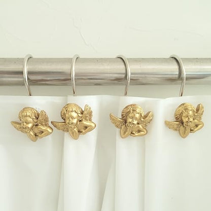 Twofish Home Golden Angel Shower Curtain Hooks Anti Rust Shower Curtain Hooks Decorative Resin Golden Angel Shower Curtain Rings Set of 12 - color: Golden Angel