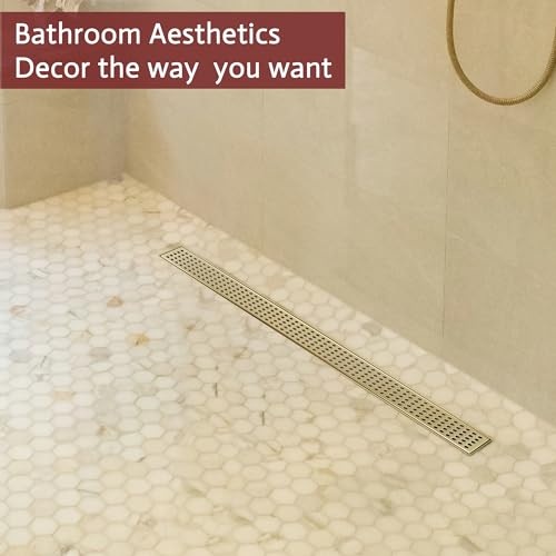 Linear Shower Drain, 28 inch Brushed Gold | Including Hair Catcher and Removable Grate, 304 Stainless Steel, Easy to Install and Clean (Drain Base Not Included) - color: Brushed Gold, size: 28 inch