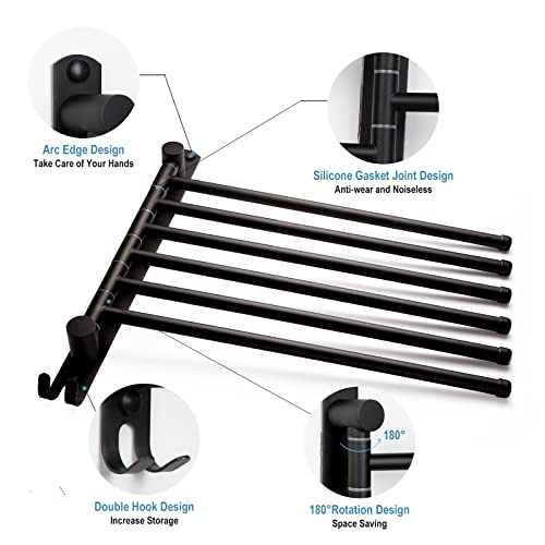 6-Arm Swivel Towel Rack - 180° Rotating Wall Mounted - 304 Stainless Steel Rustproof - Heavy Duty Space Saving for Bathroom Kitchen Laundry Room (Matte Black) - color: Black, size: 6 Arms