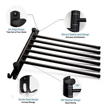 6-Arm Swivel Towel Rack - 180° Rotating Wall Mounted - 304 Stainless Steel Rustproof - Heavy Duty Space Saving for Bathroom Kitchen Laundry Room (Matte Black) - color: Black, size: 6 Arms