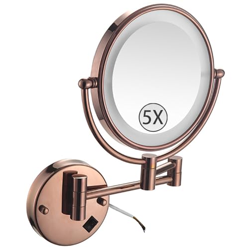 Wall Mounted Lighted Makeup Mirror, Hardwired 2-Sided Magnifying Vanity Mirror, Extended Arm 360 Rotation LED Cosmetic Mirror,Rose Gold,5X - color: Rose Gold, size: 5X