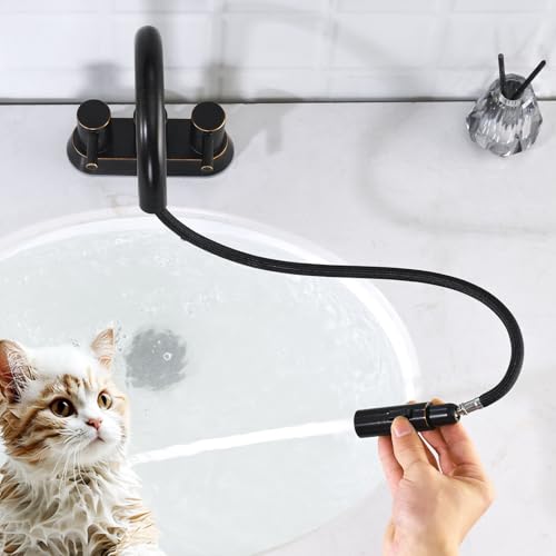 Oil Rubbed Bronze Bathroom Faucet with Pull Out Sprayer, Dual-Function Spout Bronze Bathroom Sink Faucets, 4 Inch Two Handle Utility Sink Faucet with Sprayer 3 Hole, Easy Pet Shower, RVs - color: Oil Rubbed Bronze