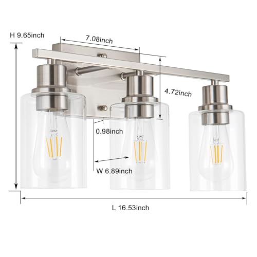 Bathroom Vanity Light Fixtures, 3-Light Brushed Nickel Bathroom Lights, Wall Sconces with Clear Glass Shade for Hallway Farmhouse Bedroom Living Room - color: Nickel 3-Light