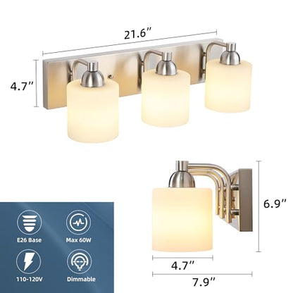 Mecgirn Stainless Steel Milk Glass Bathroom Vanity Light Over Mirror, 3 Light Brushed Nickel Bathroom Light Fixtures with Frosted Glass, Modern Vanity Lighting Wall Mount - color: Brushed Nickel, size: 3 Light