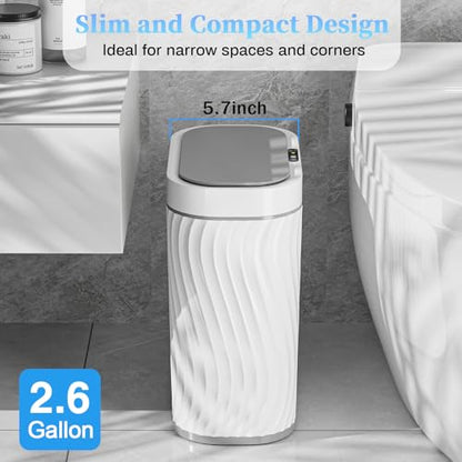 Ogikey Bathroom Small Trash Can with Automatic Touchless Lid, 2.6 Gallon Smart Garbage Can Narrow Waterproof Trash Bin for Bedroom, Office, Living Room - color: 2.6 gallon-White gray