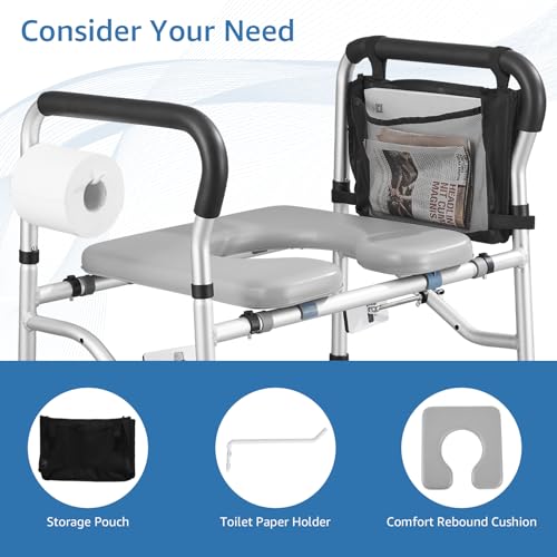 Raised Toilet Seat 400lbs,Height Adjustable | Toilet Seat Risers for Seniors,Handicap Elevated Toilet Seat with Handles & Padded Seat,Commode Chair for Elderly,Pregnant - color: Grey