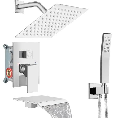 Midanya Shower System with Tub Spout,Bathtub Shower Faucet Set with Square Rainfall Head and Handheld Sprayer Wall Mount Tub Faucet Set with Valve and Trim Kit,8 Inch Polish Chrome - color: Polish Chrome, size: 8 Inch