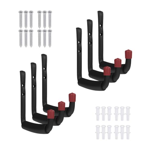 6 Pack Garage Hooks Heavy Duty, Utility Steel Hooks with EVA Foam Padding, 4.64inch Wall Mount J Organizer Hanger for Hanging Bikes Kayak Garden Tool Hose Bike Shelf