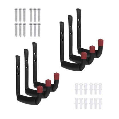 6 Pack Garage Hooks Heavy Duty, Utility Steel Hooks with EVA Foam Padding, 4.64inch Wall Mount J Organizer Hanger for Hanging Bikes Kayak Garden Tool Hose Bike Shelf