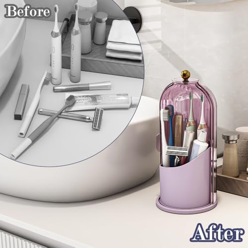 Toothbrush and Toothpaste Holders with Cover, All Pink | Waterproof and Dustproof, 360° Rotating Base, Smooth Sliding Door, 3 Slots, for Bathroom Countertop - color: All Pink
