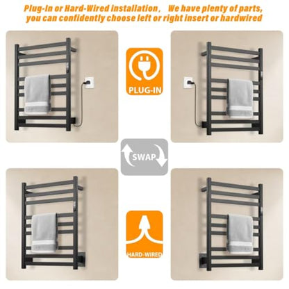 9-Bar Towel Warmer, Wall-Mounted Electric Heated Rack for Bathroom, 24-Hour Timer Smart Switch, 304 Stainless Steel Heated Towel Holder, Hard Wired an Plug in Electric Heated Dryer