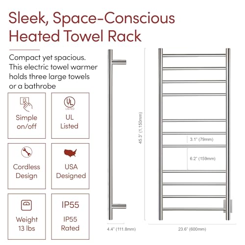 WarmlyYours Ontario Heated Towel Rack, 11 Bars, Polished Stainless Steel | Wall-mounted electric towel warmer for bathrooms, 11 heated bars, hardwired, spa-like warm towels every day