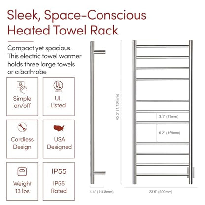 WarmlyYours Ontario Heated Towel Rack, 11 Bars, Polished Stainless Steel | Wall-mounted electric towel warmer for bathrooms, 11 heated bars, hardwired, spa-like warm towels every day