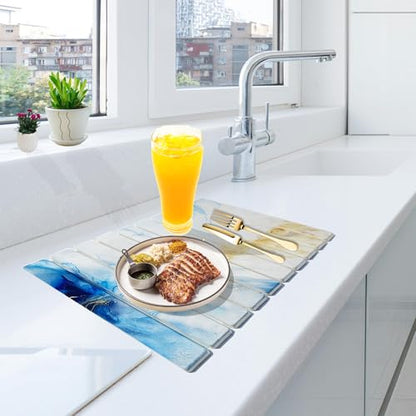 Stone Drying Mat for Kitchen Counter - Quick Dry Stone Dish Drying Mat, Large Non-Slip Stone Bath Mats for Bathroom & Kitchen Sink, Foldable Fast Drying Stone Sink Mat (blue gold) - color: blue gold