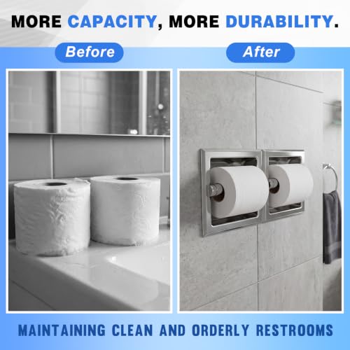 Recessed Toilet Paper Holder, Double Roll Wall Mounted Toilet Tissue Dispenser, 304 Stainless Steel Bathroom Storage Built-in Space Saving for Modern Commercial Restrooms