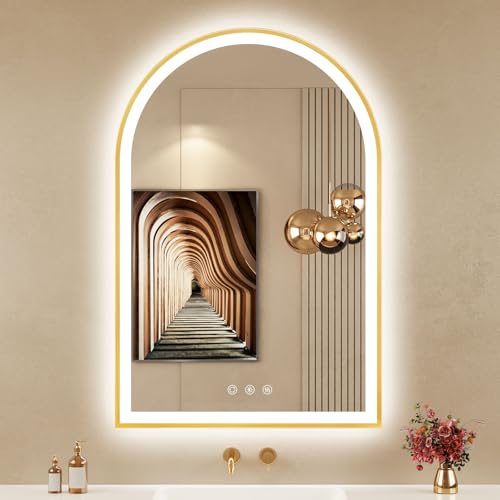 24"x36" Arched LED Lighted Bathroom Mirror with Lights | Gold Aluminum Frame, Fogless, Dimmable, Shatterproof, Touch Sensor, 3 Color Changing - color: Brushed Gold, size: 36"L x 24"W