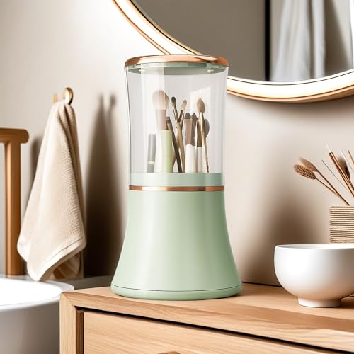 Makeup Brush Holder with Lid Cosmetic Tools Organizer 360 Rotating Waterproof Dustproof Make Up Brushes Storage for Vanity Bathroom Countertop - color: Green slender