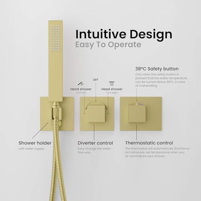 KIBI Cube Thermostatic Bathroom Shower System – 2-Function Wall Mounted Shower Set with Rough-In Valve, Modern Brushed Gold Finish, Durable Rust-Resistant Bathroom Shower Faucet Kit - color: Brushed Gold