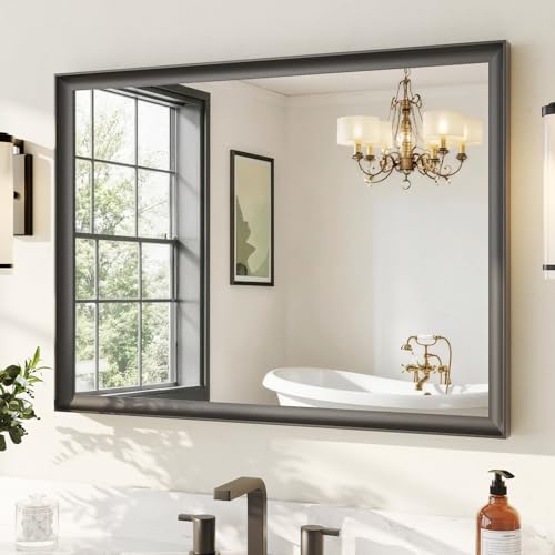USHOWER Black Bathroom Mirrors for Over Sink 30x40 Inch, Aluminum Framed Rectangle Vanity Mirror for Wall, Bedroom, Living Room, Entryway, Farmhouse, Anti-Rust, HD Tempered Glass, Horizontal/Vertical - color: Black, size: 40"L x 30"W