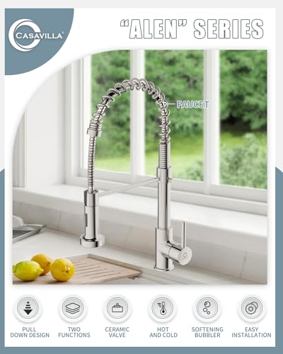 Kitchen Faucet, Commercial Kitchen Sink Faucets with Pull Down Sprayer, Stainless Steel Faucets for Kitchen Sinks, Dual Function Spray Head, Single Handle Spring Kitchen Faucets -Brushed Nickel - color: B-Brushed Nickel, style: Classic