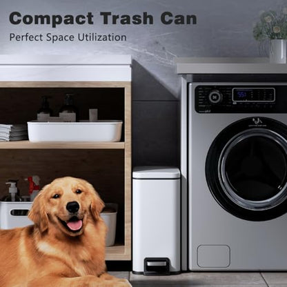 Slim Bathroom Trash Can with Lid Soft Close, 1.6 Gallon Stainless Steel Garbage Can with Removable Inner Bucket, Durable Step Pedal, Small Trash Bins for Toilet, Bedroom, Kitchen, Office - color: White, size: 1.6 Gallon