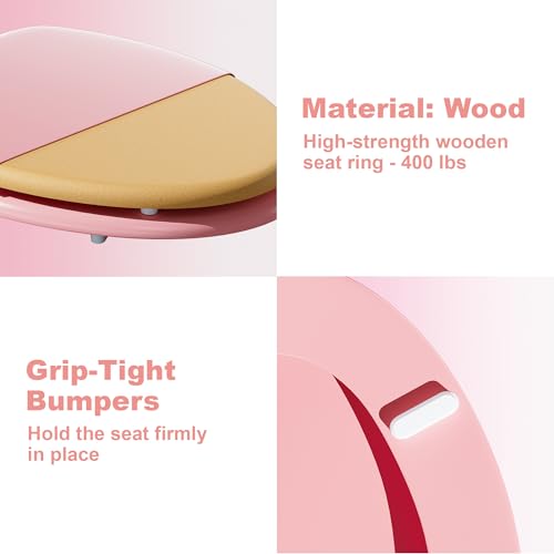 Elongated Slow Close Wood Toilet Seat, Pink Wooden Toilet Seat with Baked Enamel Finish Support 400 lbs, Oval Toilet Lid with Soft Close Chrome Hinges and Grip-Tight Bumpers, Easy to Clean and Install - color: Pink, size: Elongated Slow Close