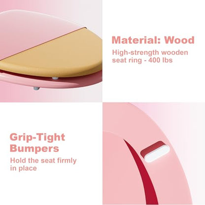 Elongated Slow Close Wood Toilet Seat, Pink Wooden Toilet Seat with Baked Enamel Finish Support 400 lbs, Oval Toilet Lid with Soft Close Chrome Hinges and Grip-Tight Bumpers, Easy to Clean and Install - color: Pink, size: Elongated Slow Close