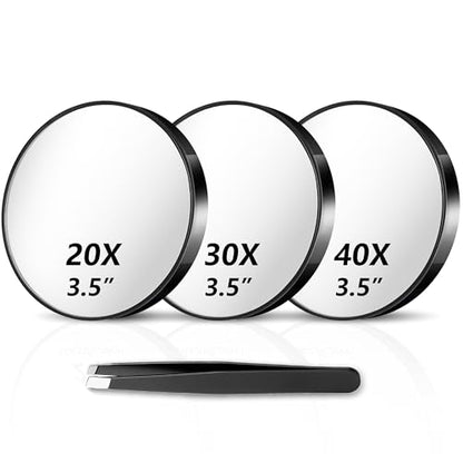 Magnifying Mirror 20X&30X&40X 3Packs with Tweezer and Suction Cups Set, 3.5 Inches Compact Travel Magnified Mirror-Black - color: Black