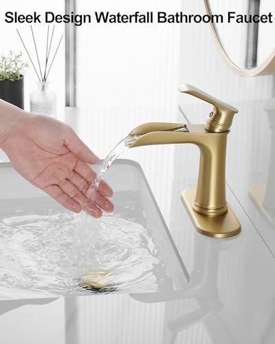 Waterfall Faucet, Brass Gold Bathroom Faucet 1 Hole, 1 Handle Bathroom Faucets for Sink 3 Hole (4 Inch) with Pop-up Drain, Hoses & Deck Plate - color: Brushed Gold-Noble