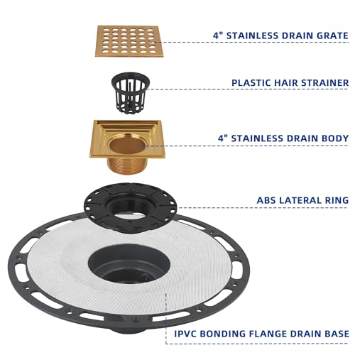 4-Inch Square Shower Drain Kit with Bonding Flange, Polished Gold | Removable 304 stainless steel grate with hair strainer; fits 2- and 3-inch pipes for tiled shower floors and wet areas - size: 4in-Gold