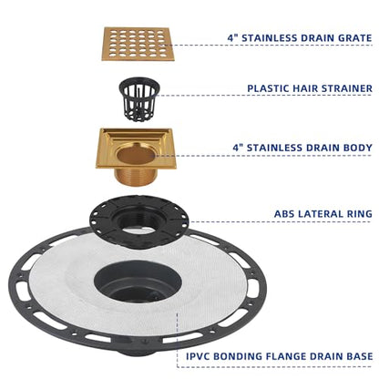 4-Inch Square Shower Drain Kit with Bonding Flange, Polished Gold | Removable 304 stainless steel grate with hair strainer; fits 2- and 3-inch pipes for tiled shower floors and wet areas - size: 4in-Gold