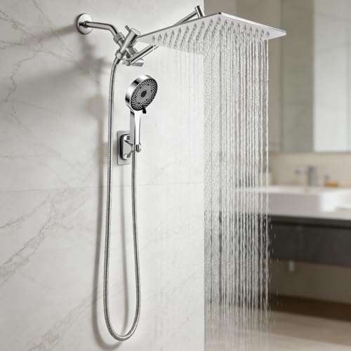 Shower Head,10”Rain Shower Head with Handheld Spray Combo with 11'' Angle Adjustable Extension Arm/Flow Regulator/Shower System,High Pressure Rainfall Shower Head Clean Bathroom,Matt Black - color: Sliver, size: 10 Inch