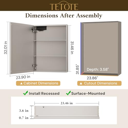 TETOTE 24 x 32 Medicine Cabinet with Lights, Adjustable Shelves, Silver Aluminum Cabinet, Anti-Fog Stepless Dimmable 3 Colors White/Warm/Natural, Easy to Install(Wall Mount/Recessed) - color: Silver, size: 32"L x 24"W