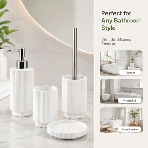 White Ribbed Resin Bathroom Accessory Set,Soap Dispenser,Toothbrush Holder | 4 Pack Bath Counter Decor,Soap Pump Dispenser, Toothbrush Cup,Toilet Brush & Soap Tray,Moisture Resistant Easy Clean Durable