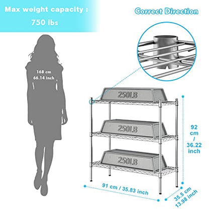 Auslar 3-Tier Heavy Duty Wire Shelving, Adjustable Storage Rack, Chrome | 14"D x 36"W x 36"H, Metal Standing Shelving Units, 750 lbs Capacity, for Garage Kitchen Pantry Basement Bathroom Laundry - size: 3 Tier