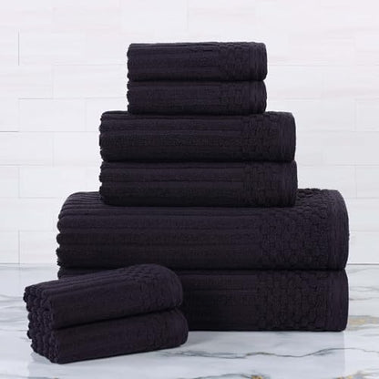 Superior Cotton 8-Piece Solid and Ribbed Towel Set, Face Towels 13” x 13”, Hand Towels 16” x 28”, Bath Towels 27” x 54”, Black - color: Black, size: 8 Piece Towel Set