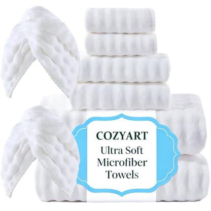COZYART Lint Free 8 Pcs Bathroom Towels Set Ultra Soft Microfiber White | Fluffy, Thick, Highly Absorbent, Fast Dry, No Shedding, No Pilling, Fade Resistant, Durable, Long-lasting - color: White
