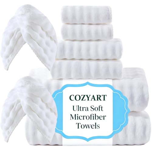 COZYART Lint Free 8 Pcs Bathroom Towels Set Ultra Soft Microfiber White | Fluffy, Thick, Highly Absorbent, Fast Dry, No Shedding, No Pilling, Fade Resistant, Durable, Long-lasting - color: White