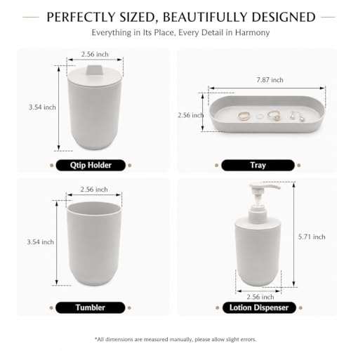 LGURT Light Gray Bath Accessories — 4-Pc Dispenser, Cup, Tumbler & Tray | Plastic, Vanity Tray (7.87"×2.56"), Apartment Dorm Guest Bath, Soap Dish, Gift - color: Light Gray