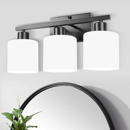 SILAMPDI Black 3-Light Bathroom Vanity Light Fixtures Over Mirror, Modern Wall Sconces with Milky White Glass Shades for Living Room Hallway Cabinet, E26 Base(Bulbs Not Included) - color: Black-3Light