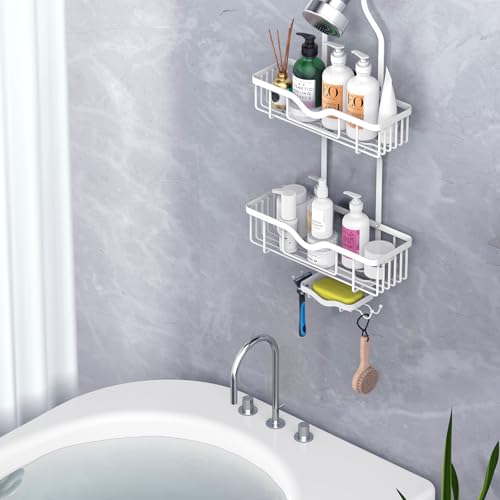 Shower Caddy Hanging, Bathroom Shower Rack, Bathroom Organizer with Soap Dish, Over The Showerhead Caddy with Hooks for Razor/Sponge, Soft White (Assembly Required) - color: Soft White