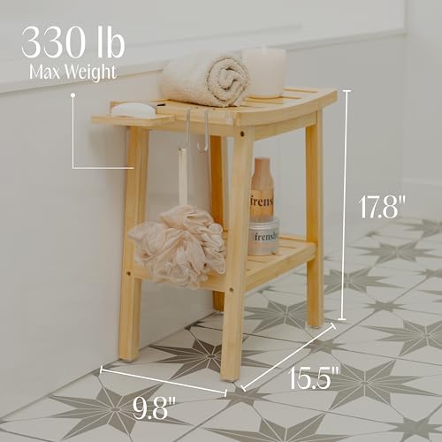 Bamboo Shower Bench for Inside Shower – Waterproof Bathroom Spa Seat with Shelf, Hooks & Soap Tray – Wood Shower Stool for Shaving, Sauna, or Small Bathroom – Natural