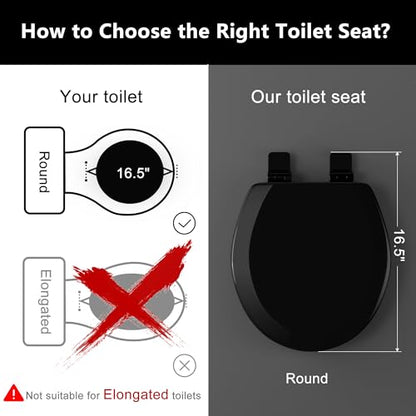Angol Shiold Slow Close Wood Toilet Seat（Black, Round 16.5''） | Durable enameled wood round toilet seat, adjustable non-slip hinges, anti-pinch bumpers, easy to install and clean