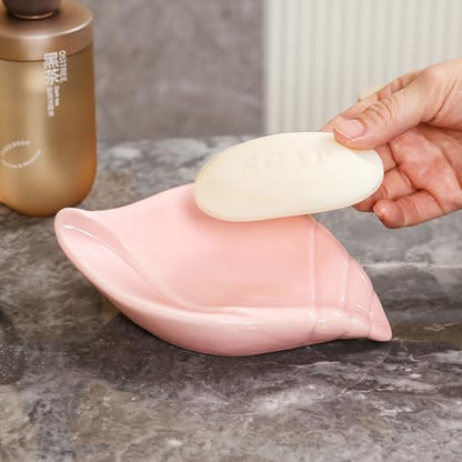 Sea-Shell Soap Holder, Ceramic Soap Tray with Self Draining, Soap Tray for Sink Washroom Bathroom Shower, Small Cute and Elegant Holder with Glaze, Easy Cleaning (Pink) - color: Pink