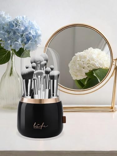 Covered Toothbrush Holder, 360° 7-Slot Rotating Draining Water, Black | Toothbrush Bathrooms Organizer with Cover for Kids Electric Tooth Brush, Toothpaste, Razors, Cosmetic Brushes - color: Black