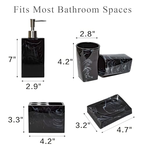5 Piece Bathroom Accessories Set, Marble Resin Bathroom Vanity Set, Soap Dispenser, Toothbrush Holder, Soap Dish & 2 Tumblers, Bathroom Countertop Organizer Set (Ink Black) - color: Ink Black