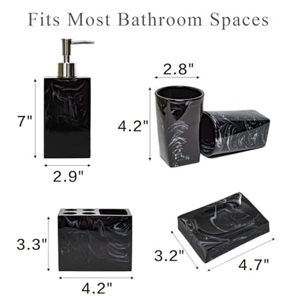5 Piece Bathroom Accessories Set, Marble Resin Bathroom Vanity Set, Soap Dispenser, Toothbrush Holder, Soap Dish & 2 Tumblers, Bathroom Countertop Organizer Set (Ink Black) - color: Ink Black